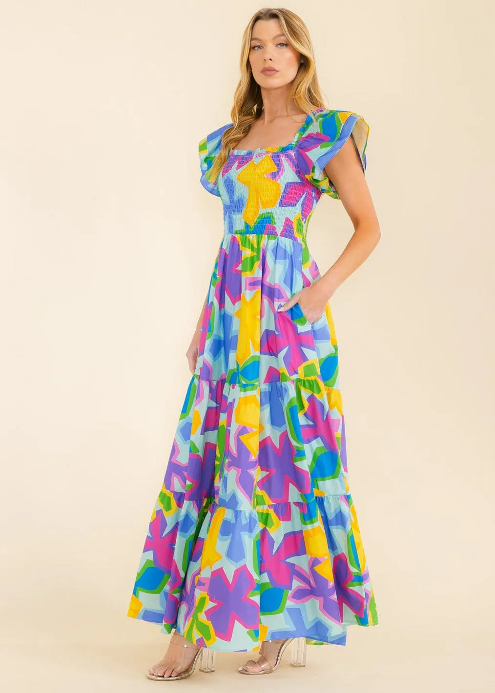 WOMEN'S RUFFLE SLEEVE SMOCK TIERED POCKETS MULTI PRINT MAXI DRESS