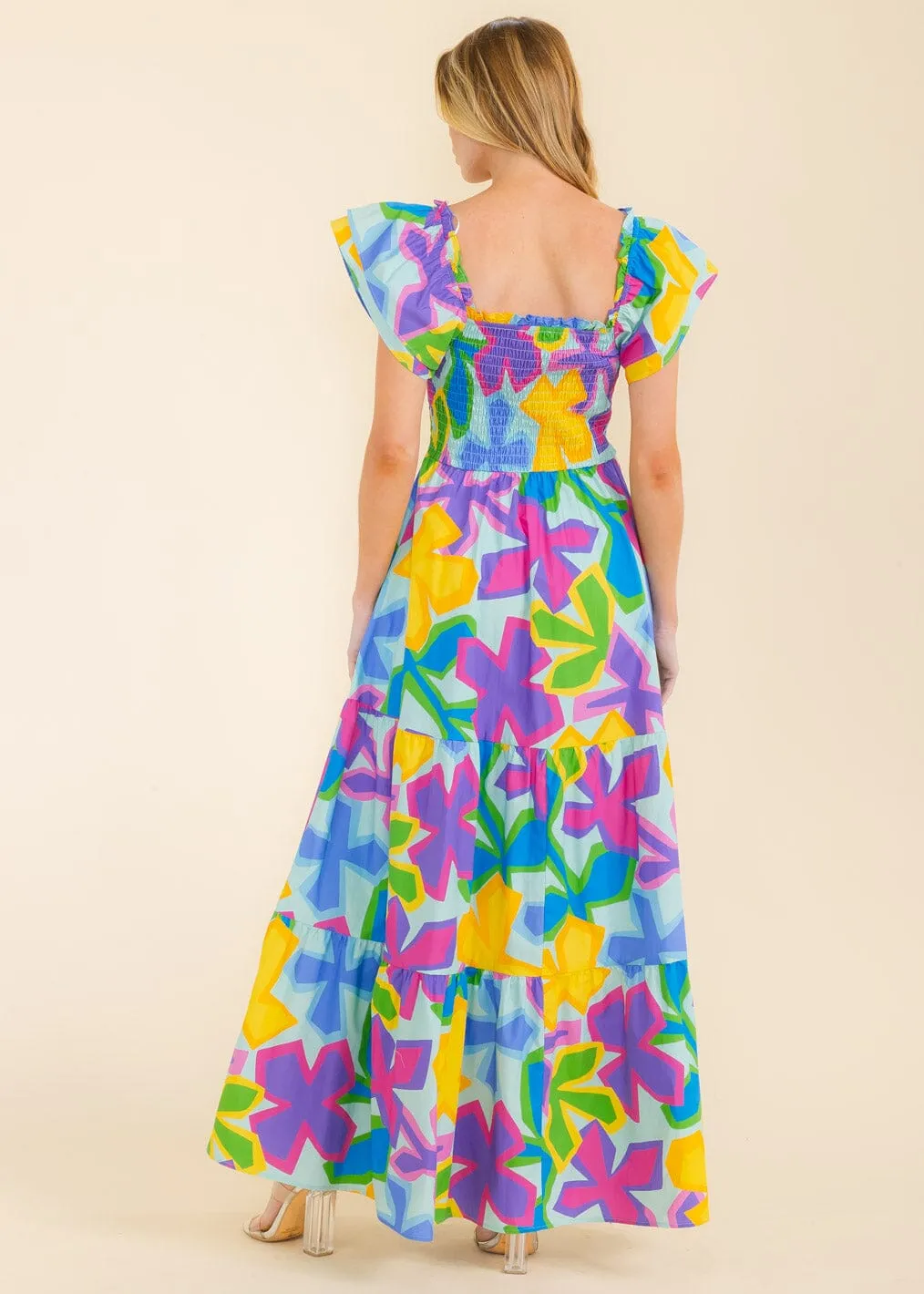 WOMEN'S RUFFLE SLEEVE SMOCK TIERED POCKETS MULTI PRINT MAXI DRESS