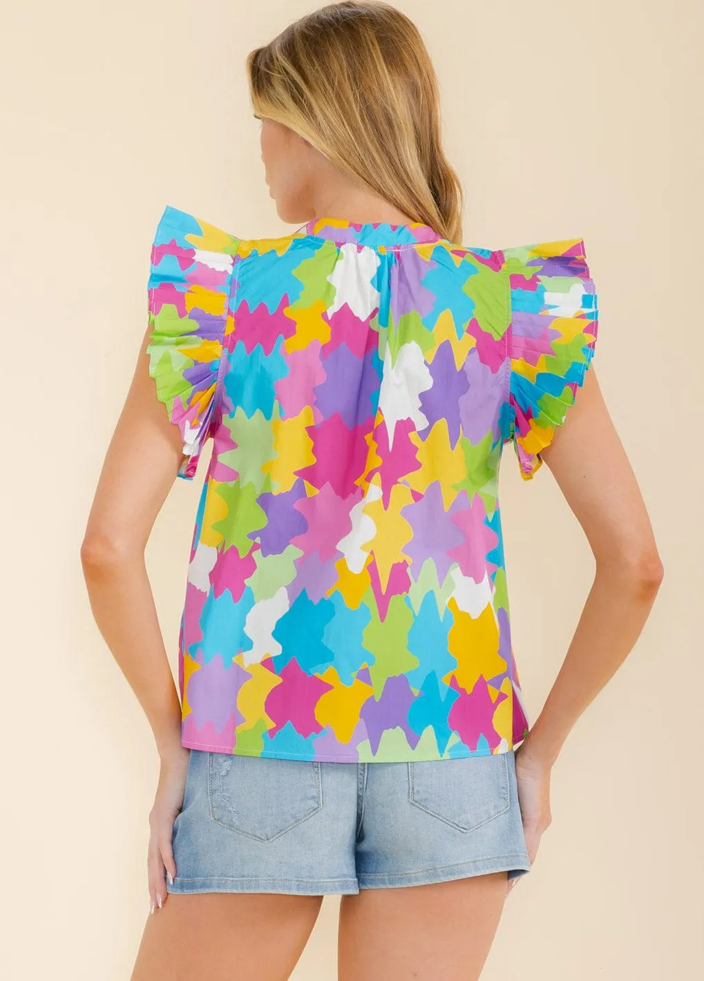WOMEN'S RUFFLE SLEEVE V-NECK MULTI PRINT BLOUSE