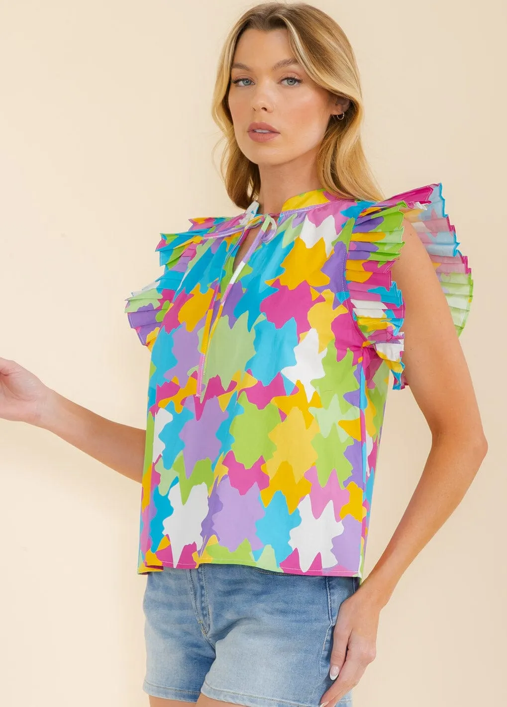 WOMEN'S RUFFLE SLEEVE V-NECK MULTI PRINT BLOUSE