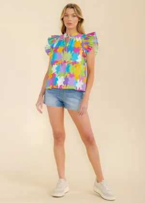 WOMEN'S RUFFLE SLEEVE V-NECK MULTI PRINT BLOUSE
