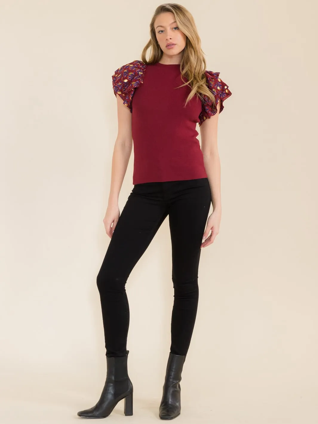 WOMEN'S SHORT PRINTED SLEEVE BLOUSE