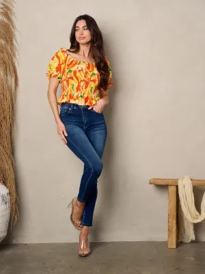 WOMEN'S SHORT PUFF SLEEVE OFF SHOULDER SMOCK PRINTED TOP