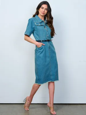 WOMEN'S SHORT SLEEVE BUTTON UP FRONT BELT DENIM MIDI DRESS