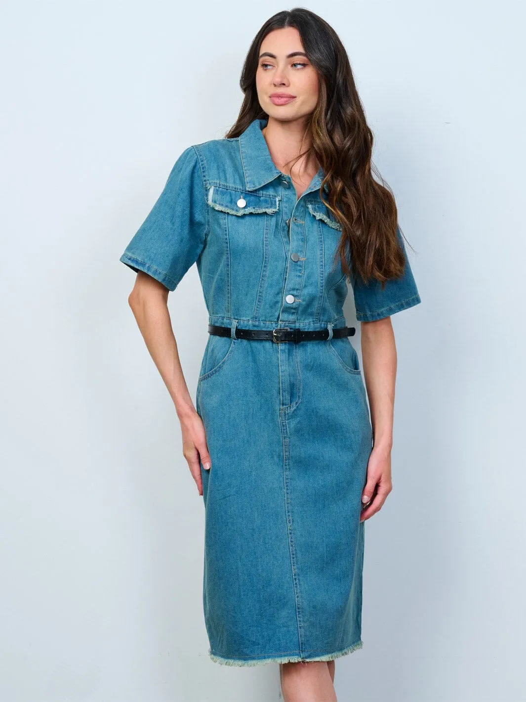 WOMEN'S SHORT SLEEVE BUTTON UP FRONT BELT DENIM MIDI DRESS