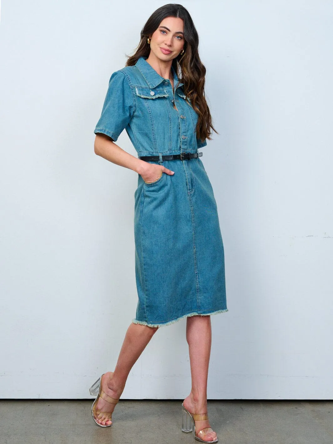 WOMEN'S SHORT SLEEVE BUTTON UP FRONT BELT DENIM MIDI DRESS