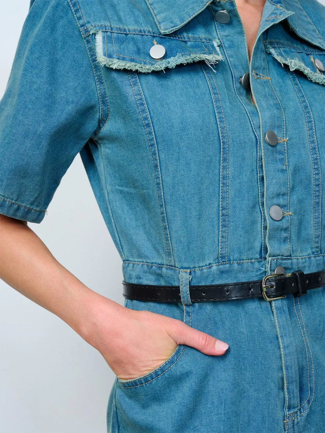 WOMEN'S SHORT SLEEVE BUTTON UP FRONT BELT DENIM MIDI DRESS