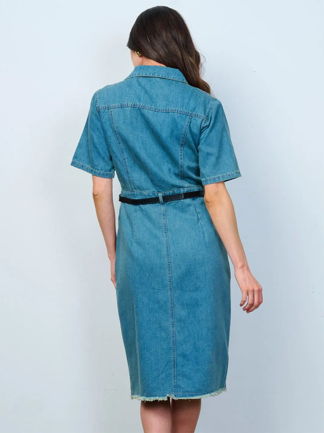 WOMEN'S SHORT SLEEVE BUTTON UP FRONT BELT DENIM MIDI DRESS