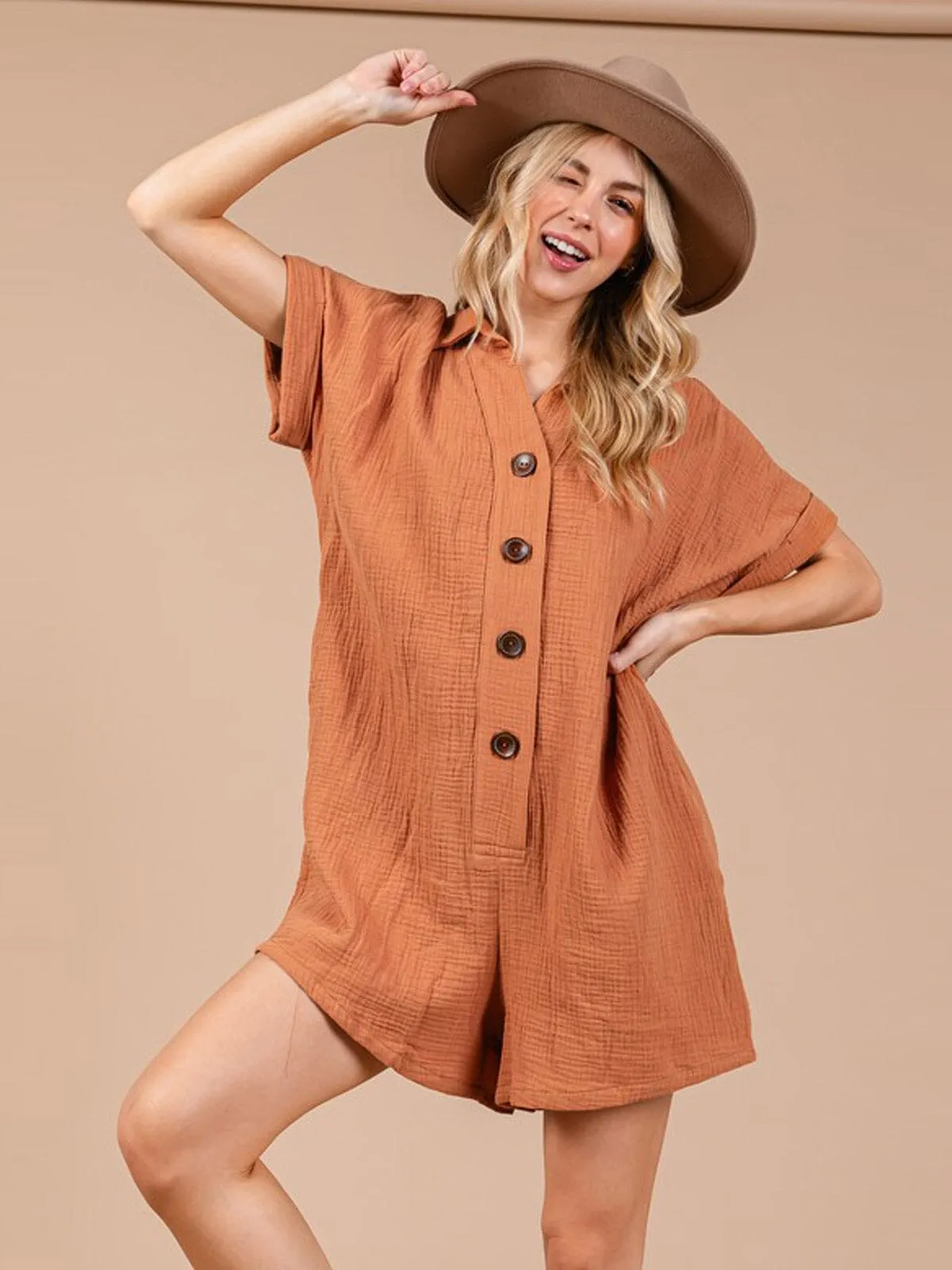 WOMEN'S SHORT SLEEVE BUTTON UP FRONT POCKETS ROMPER