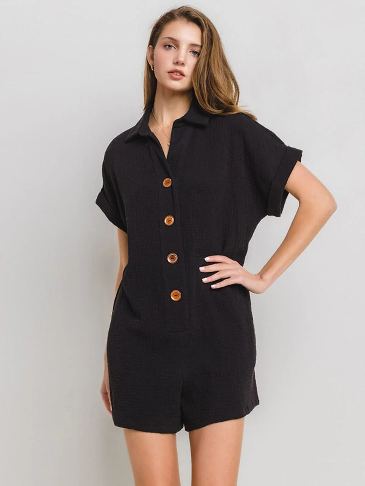 WOMEN'S SHORT SLEEVE BUTTON UP FRONT POCKETS ROMPER