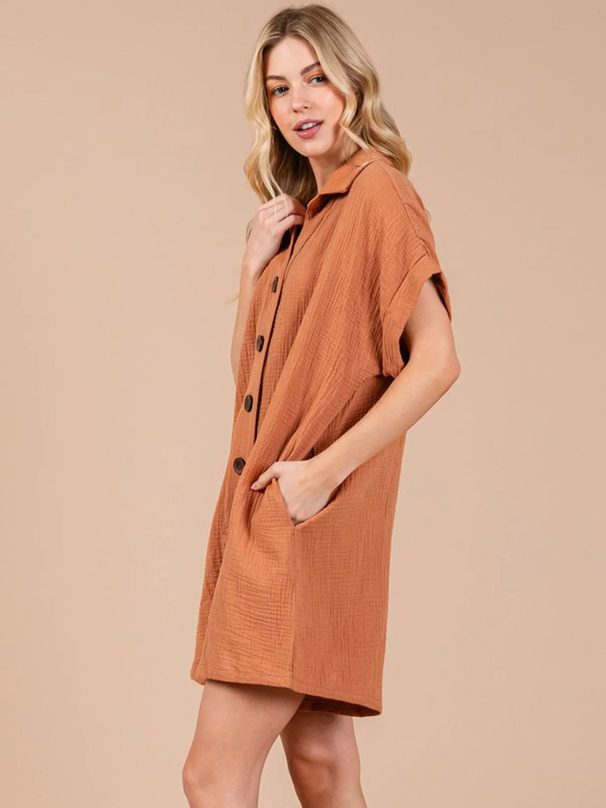 WOMEN'S SHORT SLEEVE BUTTON UP FRONT POCKETS ROMPER