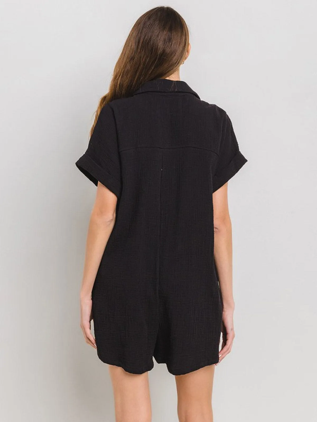 WOMEN'S SHORT SLEEVE BUTTON UP FRONT POCKETS ROMPER