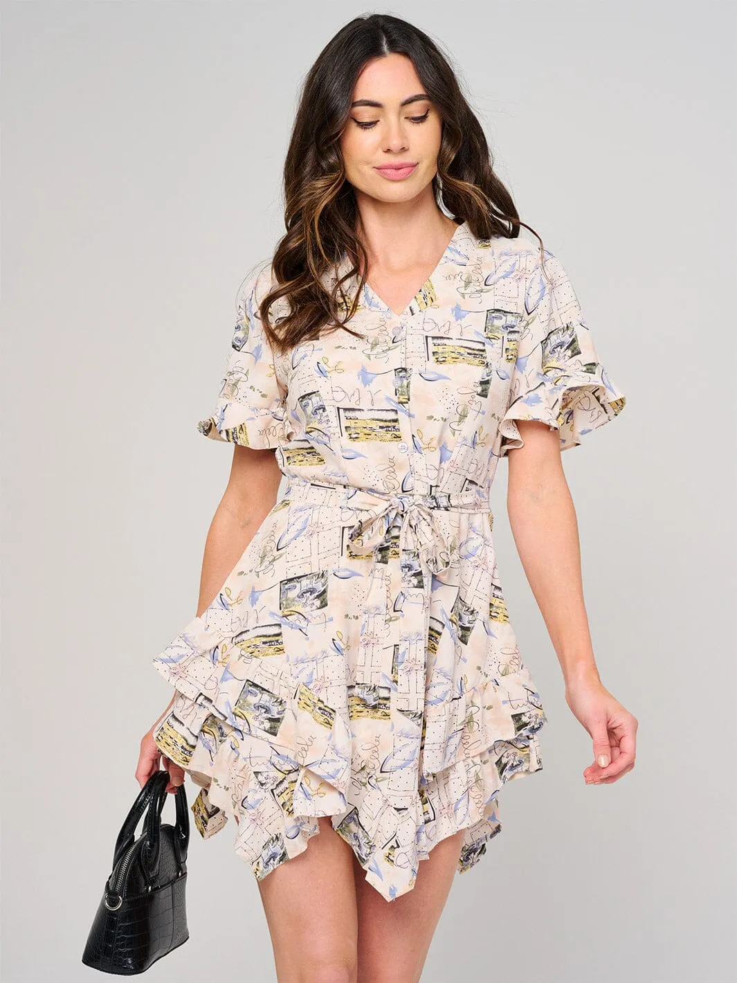 WOMEN'S SHORT SLEEVE BUTTON UP MULTI PRINT MINI DRESS