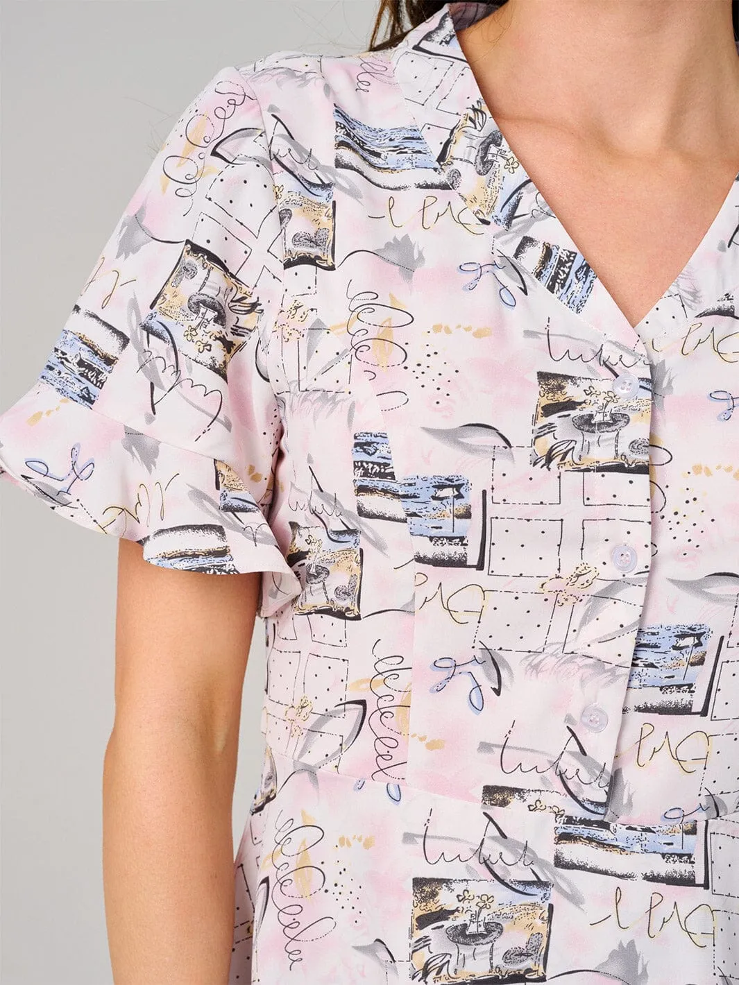 WOMEN'S SHORT SLEEVE BUTTON UP MULTI PRINT MINI DRESS
