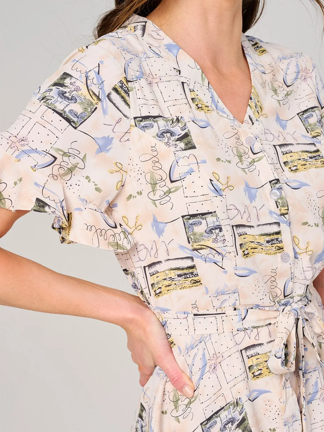 WOMEN'S SHORT SLEEVE BUTTON UP MULTI PRINT MINI DRESS