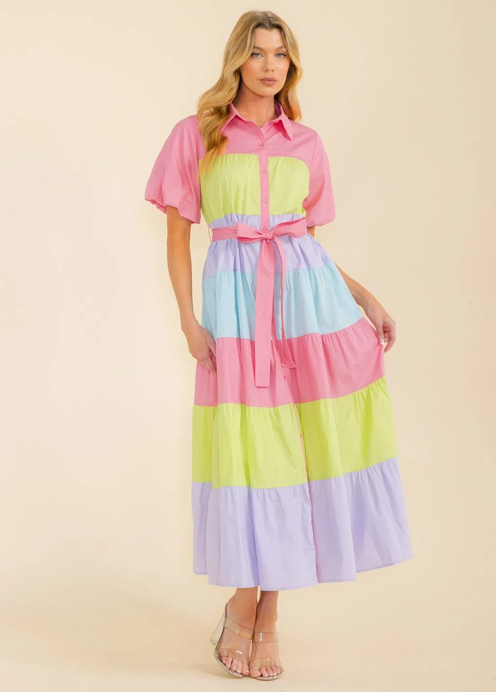 WOMEN'S SHORT SLEEVE BUTTON UP TIERED COLORBLOCK MAXI DRESS