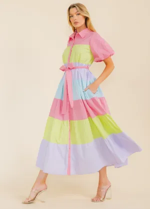 WOMEN'S SHORT SLEEVE BUTTON UP TIERED COLORBLOCK MAXI DRESS