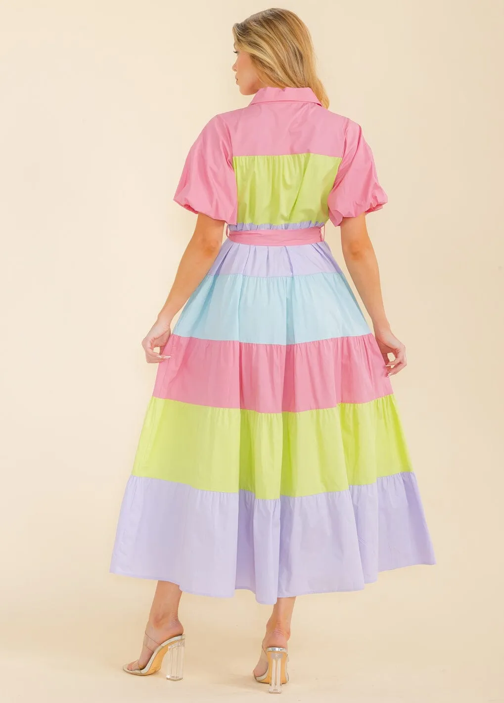 WOMEN'S SHORT SLEEVE BUTTON UP TIERED COLORBLOCK MAXI DRESS