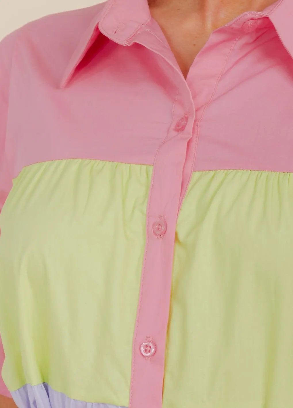 WOMEN'S SHORT SLEEVE BUTTON UP TIERED COLORBLOCK MAXI DRESS