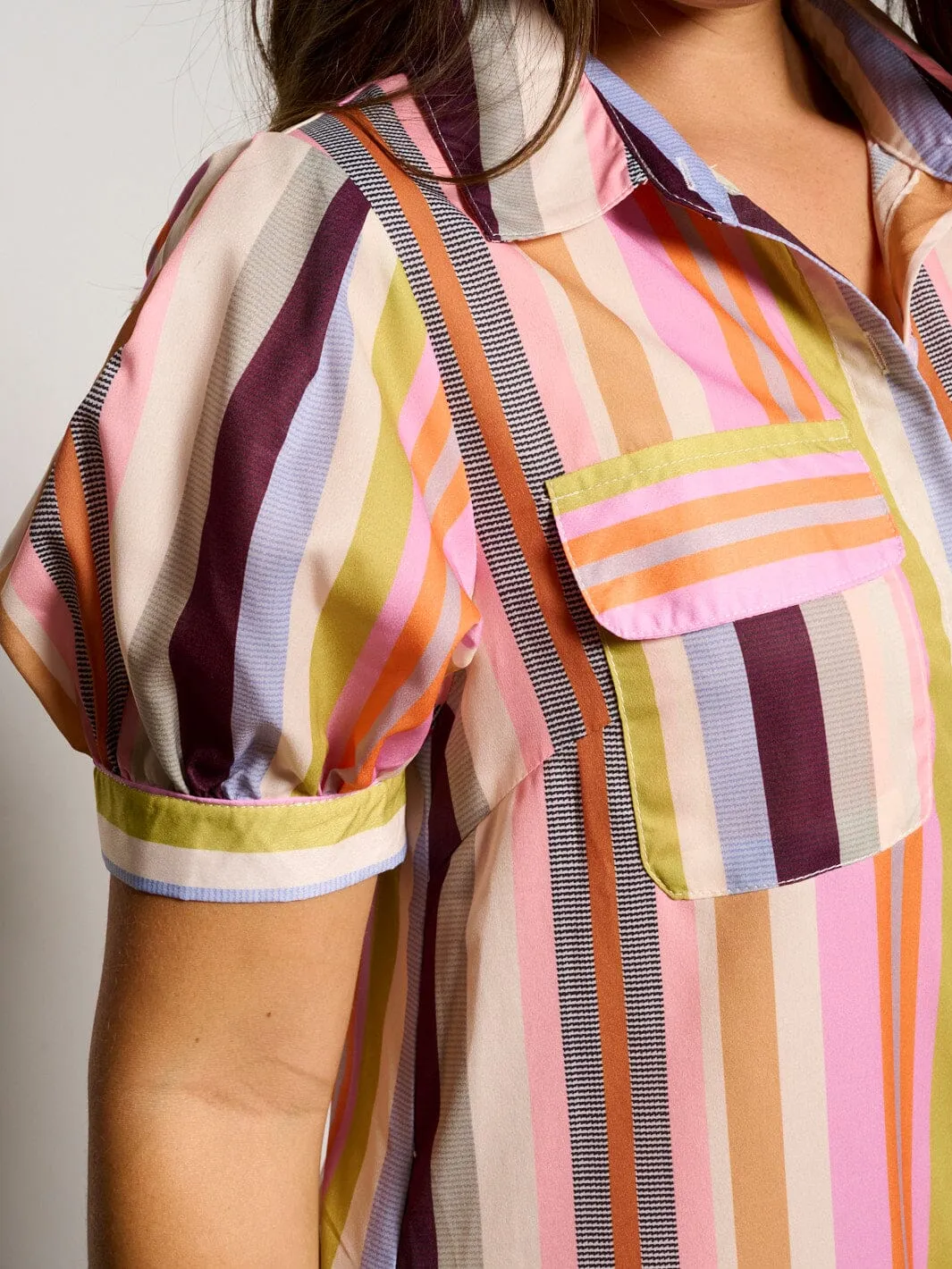 WOMEN'S SHORT SLEEVE POCKETS BUTTON UP MULTI STRIPES MAXI DRESS