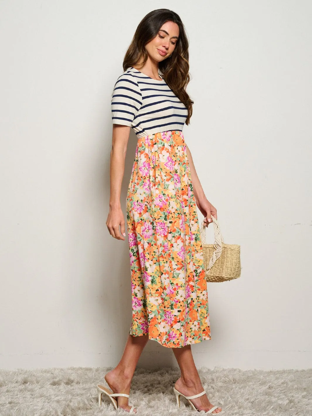 WOMEN'S SHORT SLEEVE POCKETS ELASTIC WAIST FLORAL STRIPES MAXI DRESS