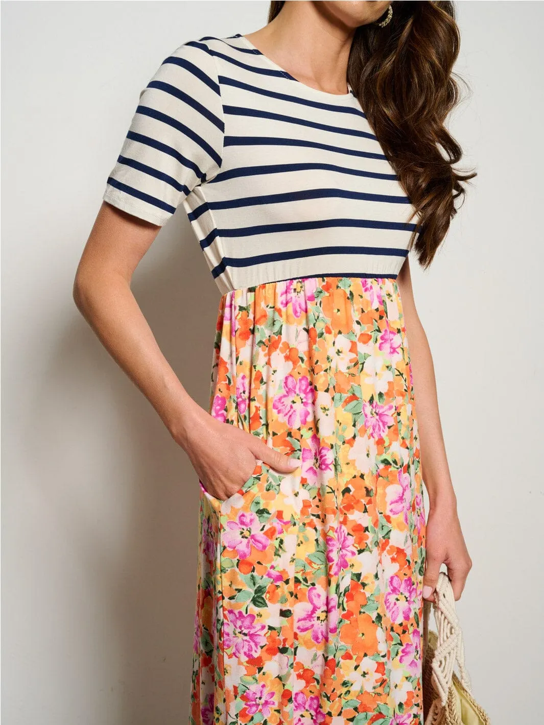 WOMEN'S SHORT SLEEVE POCKETS ELASTIC WAIST FLORAL STRIPES MAXI DRESS