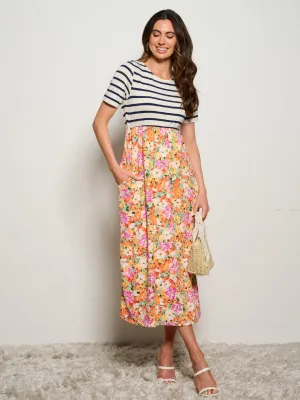 WOMEN'S SHORT SLEEVE POCKETS ELASTIC WAIST FLORAL STRIPES MAXI DRESS