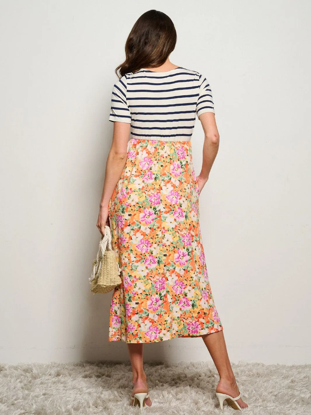 WOMEN'S SHORT SLEEVE POCKETS ELASTIC WAIST FLORAL STRIPES MAXI DRESS
