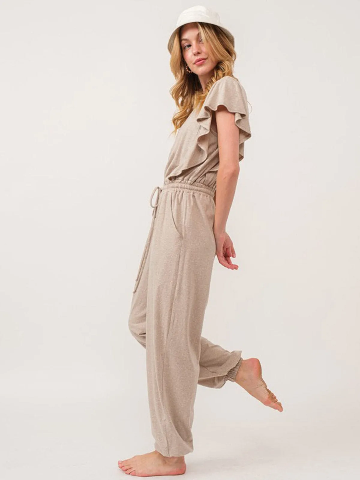 WOMEN'S SHORT SLEEVE RUFFLE ELASTIC WAIST FRONT POCKETS JOGGER JUMPSUIT