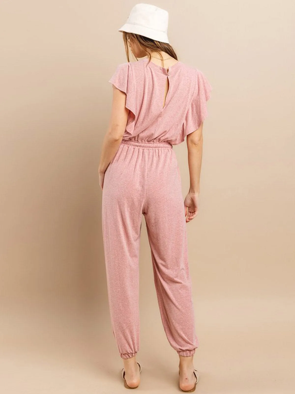 WOMEN'S SHORT SLEEVE RUFFLE ELASTIC WAIST FRONT POCKETS JOGGER JUMPSUIT