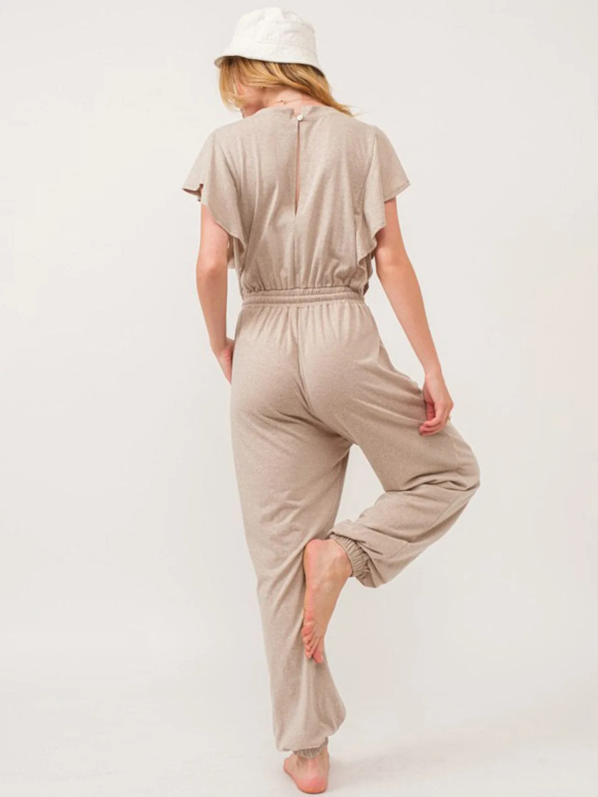 WOMEN'S SHORT SLEEVE RUFFLE ELASTIC WAIST FRONT POCKETS JOGGER JUMPSUIT