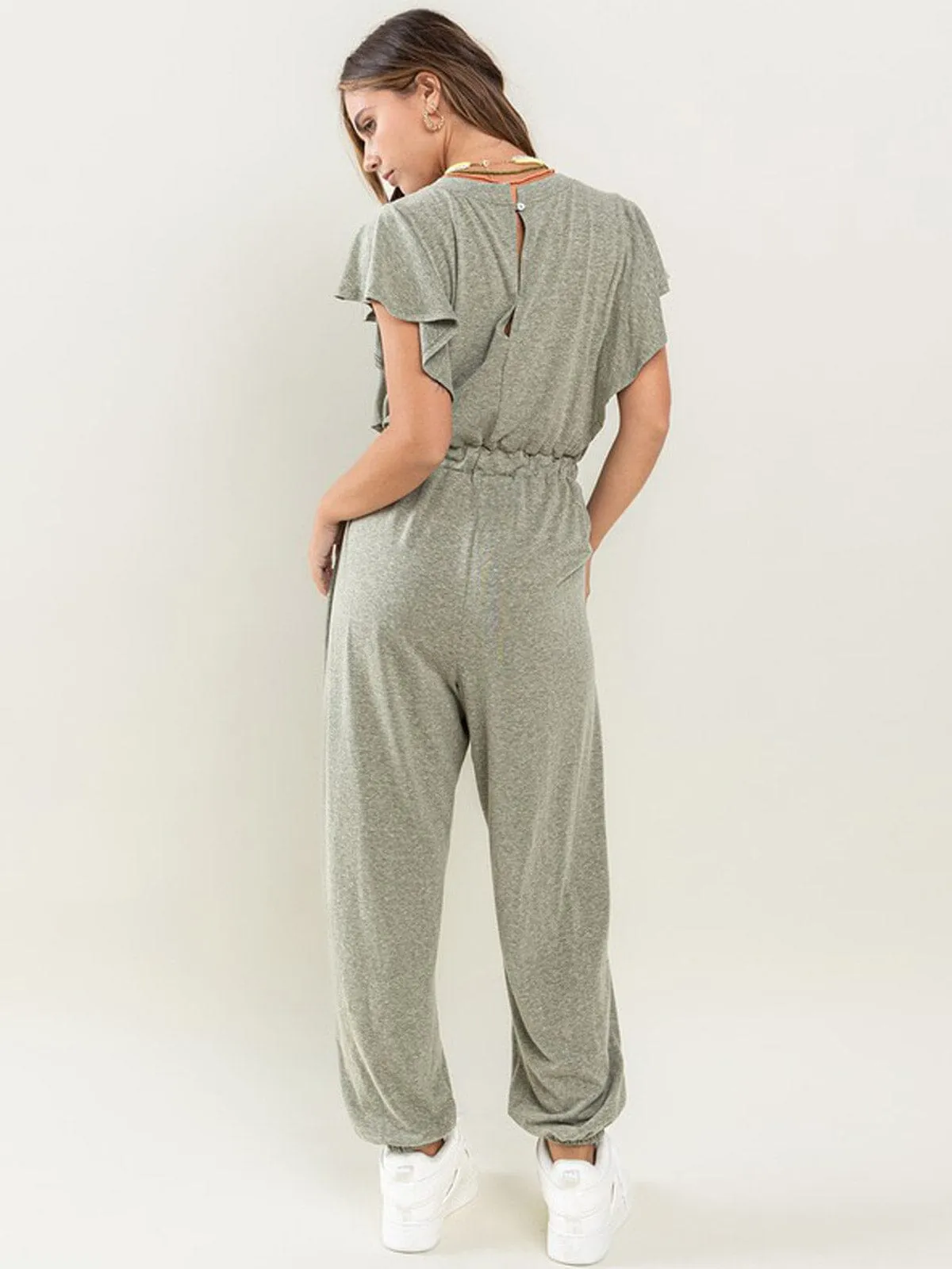 WOMEN'S SHORT SLEEVE RUFFLE ELASTIC WAIST FRONT POCKETS JOGGER JUMPSUIT