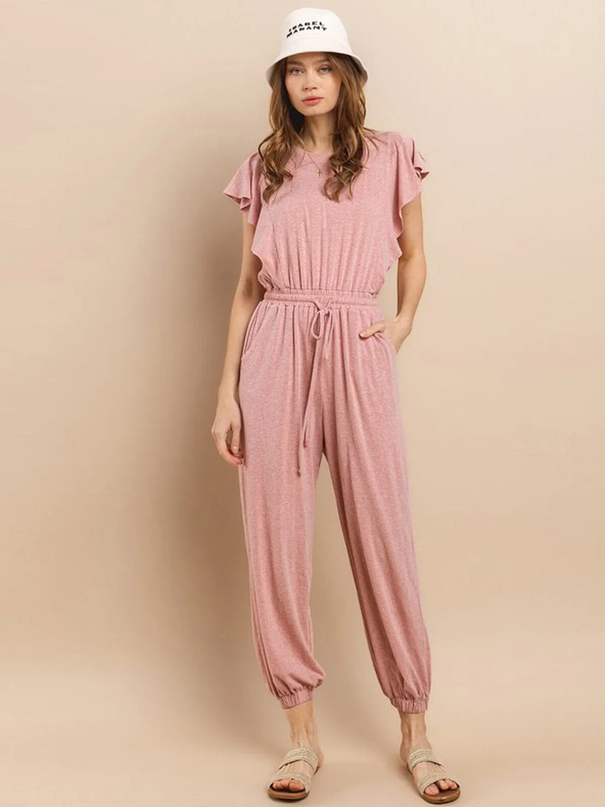 WOMEN'S SHORT SLEEVE RUFFLE ELASTIC WAIST FRONT POCKETS JOGGER JUMPSUIT