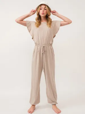 WOMEN'S SHORT SLEEVE RUFFLE ELASTIC WAIST FRONT POCKETS JOGGER JUMPSUIT