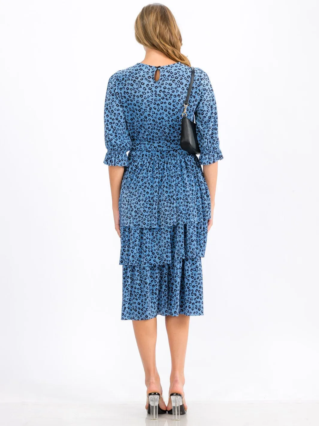 WOMEN'S SHORT SLEEVE SELF TIE TIERED ANIMAL PRINT MIDI DRESS