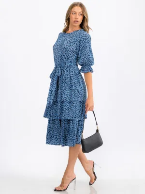 WOMEN'S SHORT SLEEVE SELF TIE TIERED ANIMAL PRINT MIDI DRESS