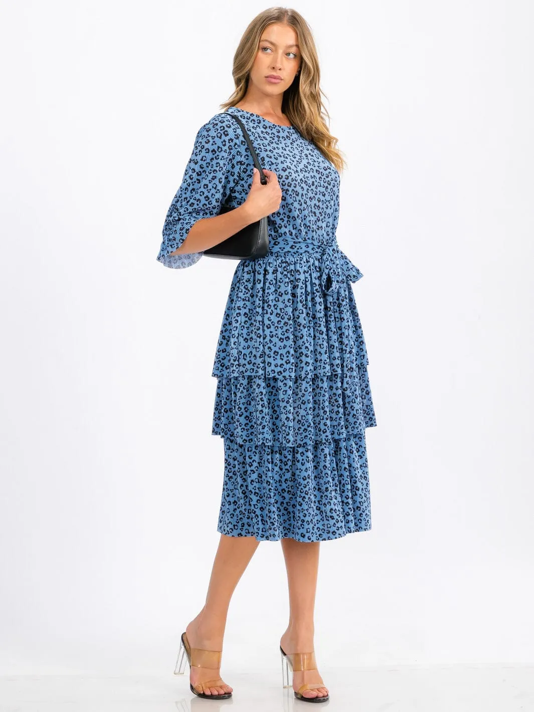 WOMEN'S SHORT SLEEVE SELF TIE TIERED ANIMAL PRINT MIDI DRESS