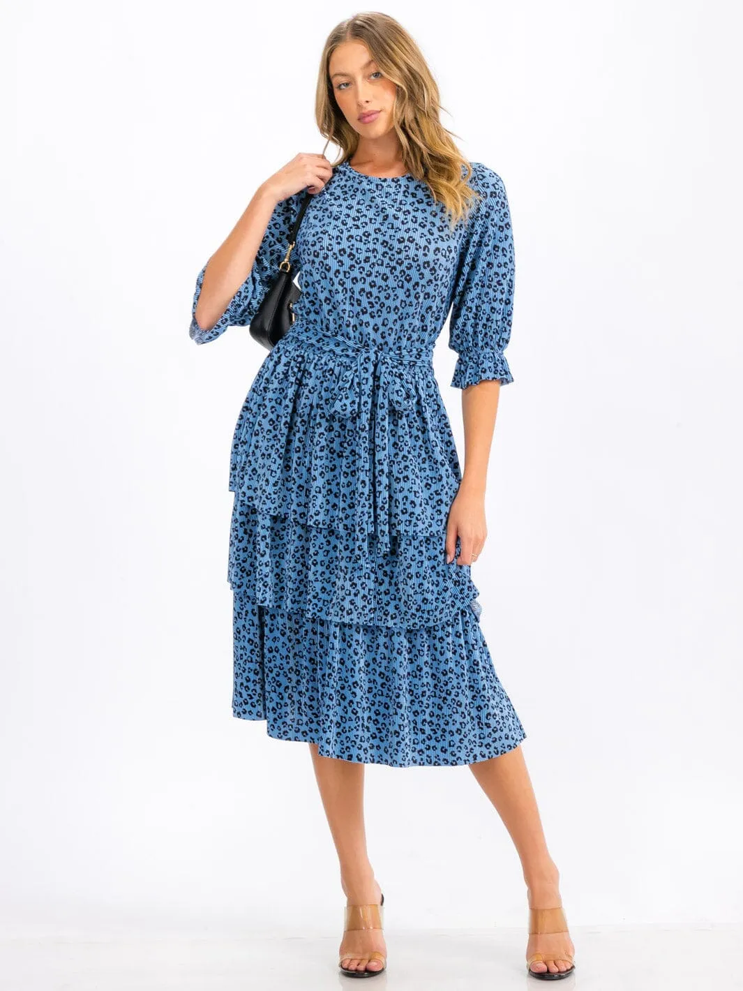 WOMEN'S SHORT SLEEVE SELF TIE TIERED ANIMAL PRINT MIDI DRESS