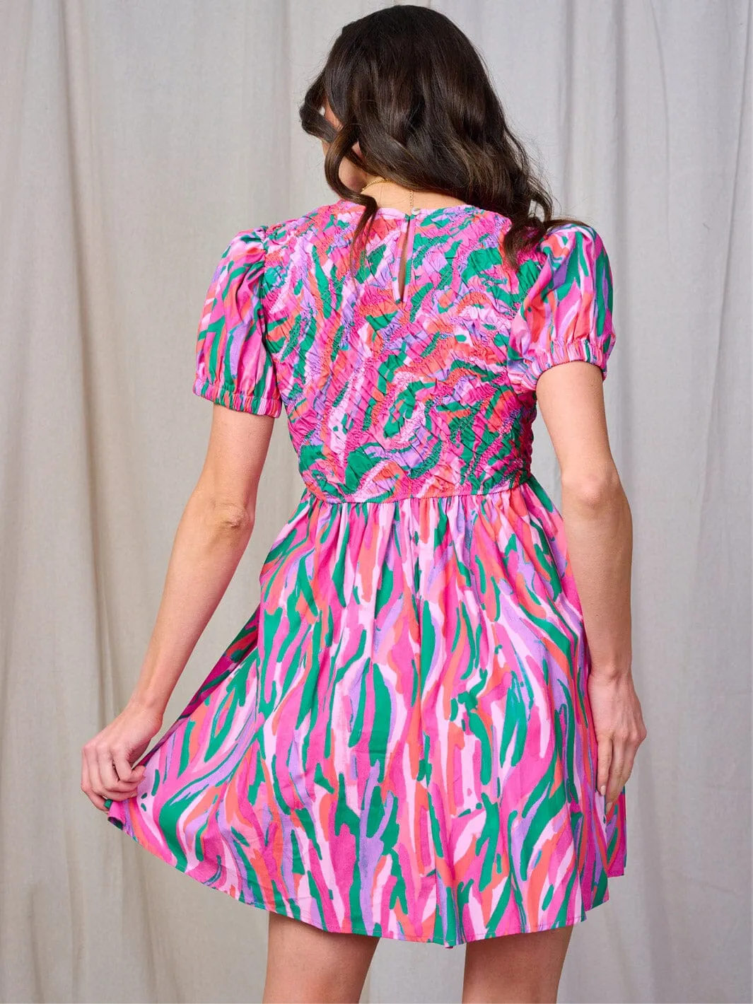 WOMEN'S SHORT SLEEVE SMOCK MULTI PRINT MINI DRESS