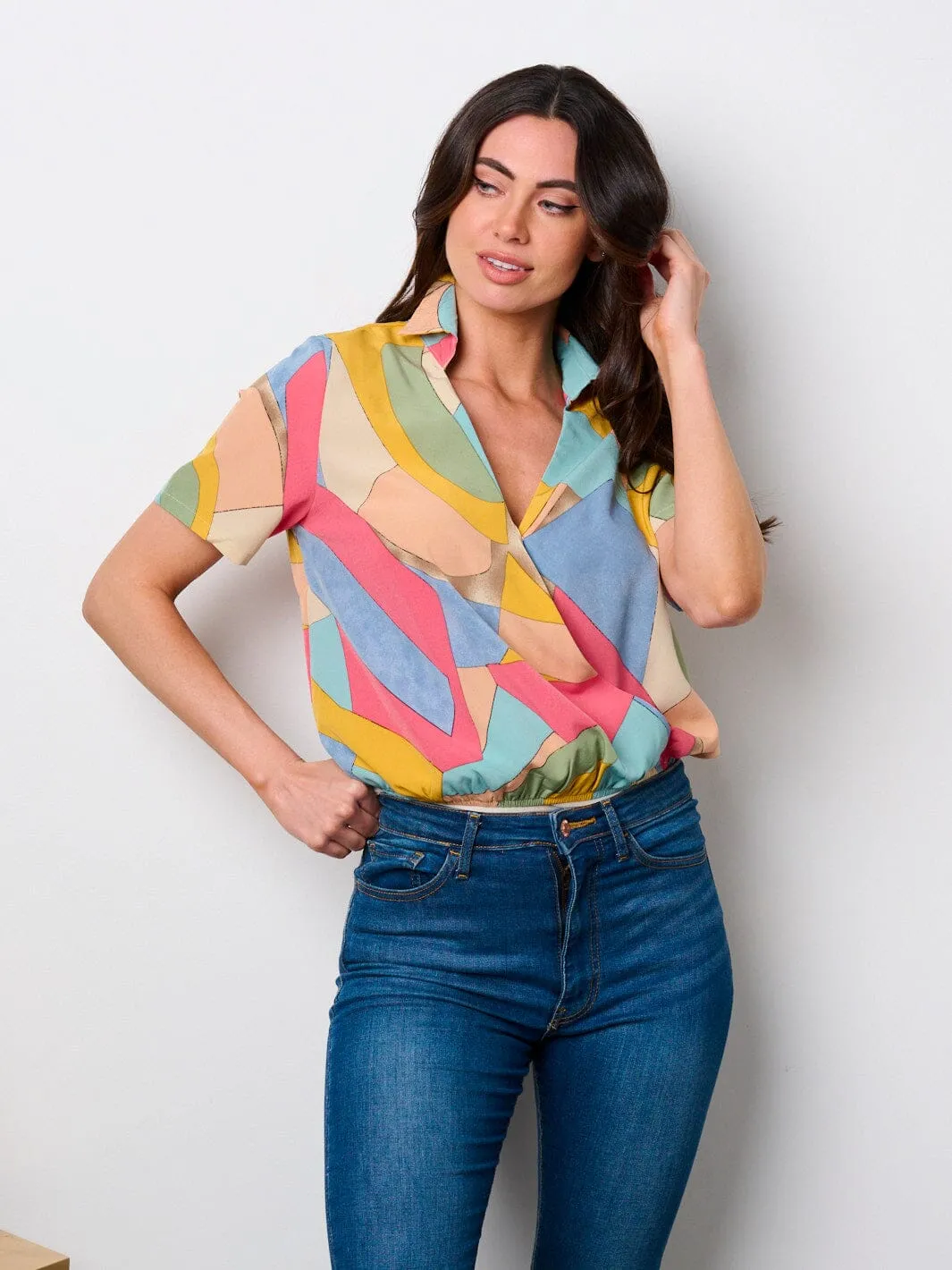 WOMEN'S SHORT SLEEVE SURPLICE MULTI COLORS BODYSUIT
