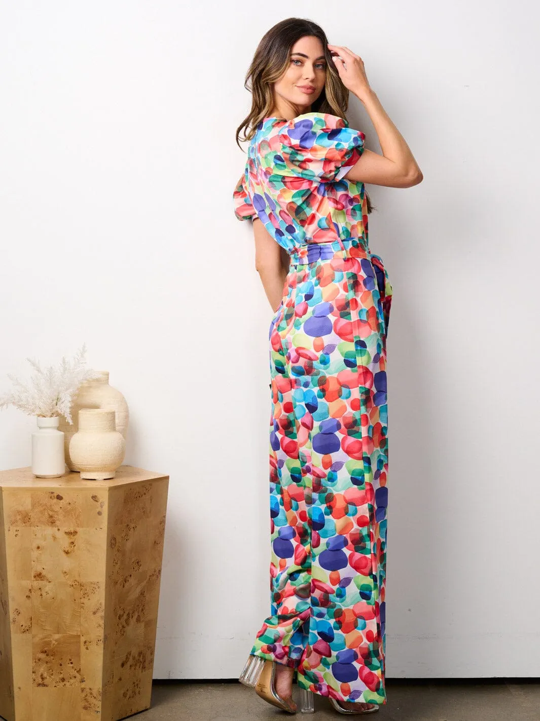 WOMEN'S SHORT SLEEVE SURPLICE MULTI WIDE LEG JUMPSUIT