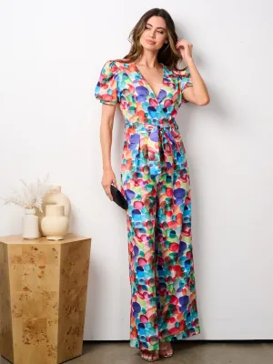 WOMEN'S SHORT SLEEVE SURPLICE MULTI WIDE LEG JUMPSUIT