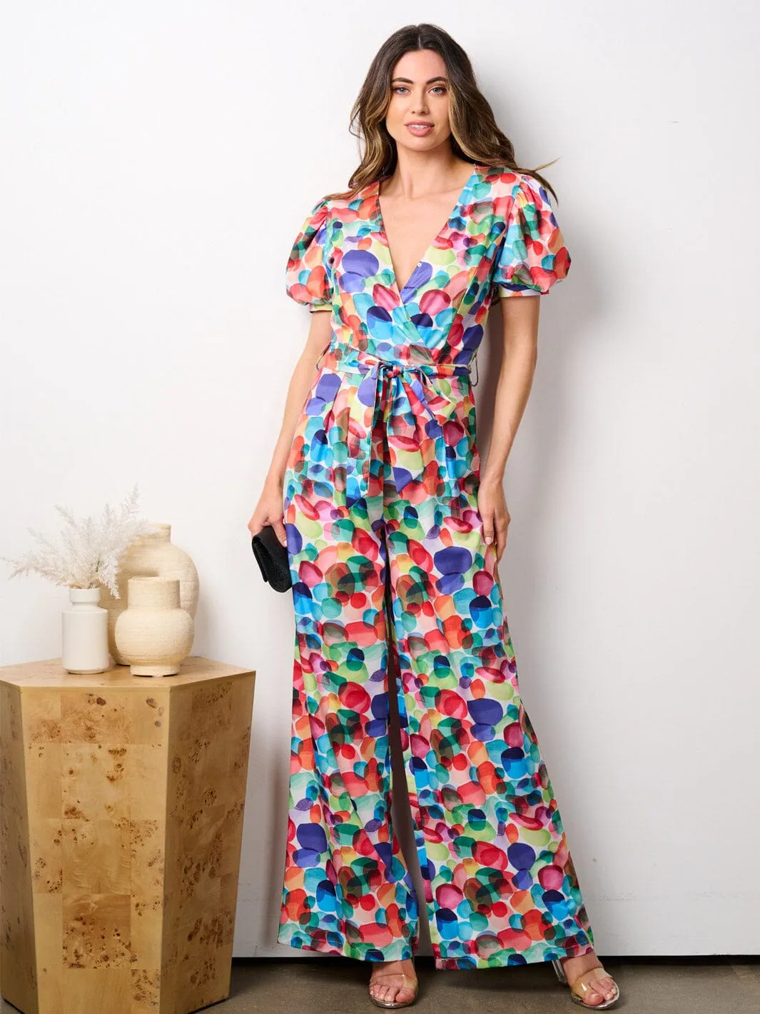 WOMEN'S SHORT SLEEVE SURPLICE MULTI WIDE LEG JUMPSUIT