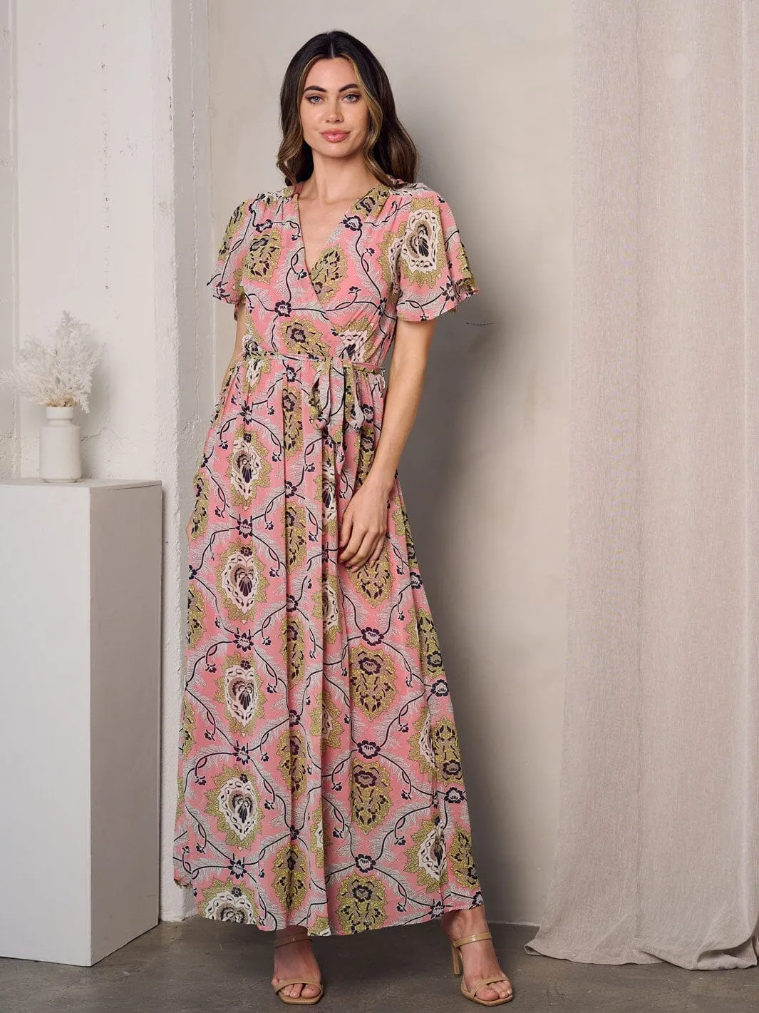 WOMEN'S SHORT SLEEVE SURPLICE SELF TIE MULTI PRINT MAXI DRESS