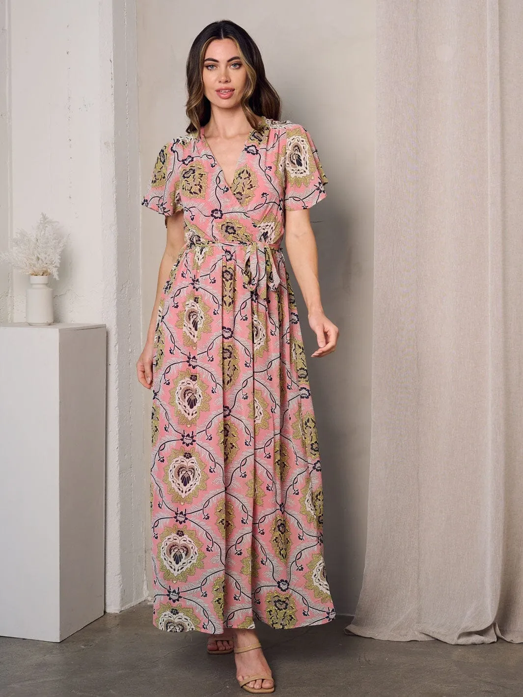 WOMEN'S SHORT SLEEVE SURPLICE SELF TIE MULTI PRINT MAXI DRESS