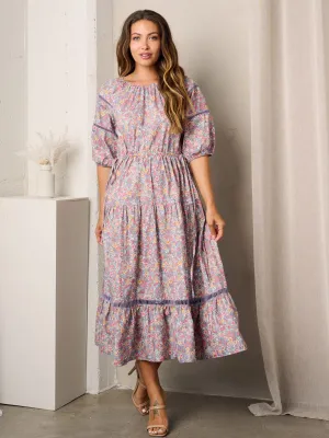 WOMEN'S SHORT SLEEVE TIERED POCKETS FLORAL MIDI DRESS