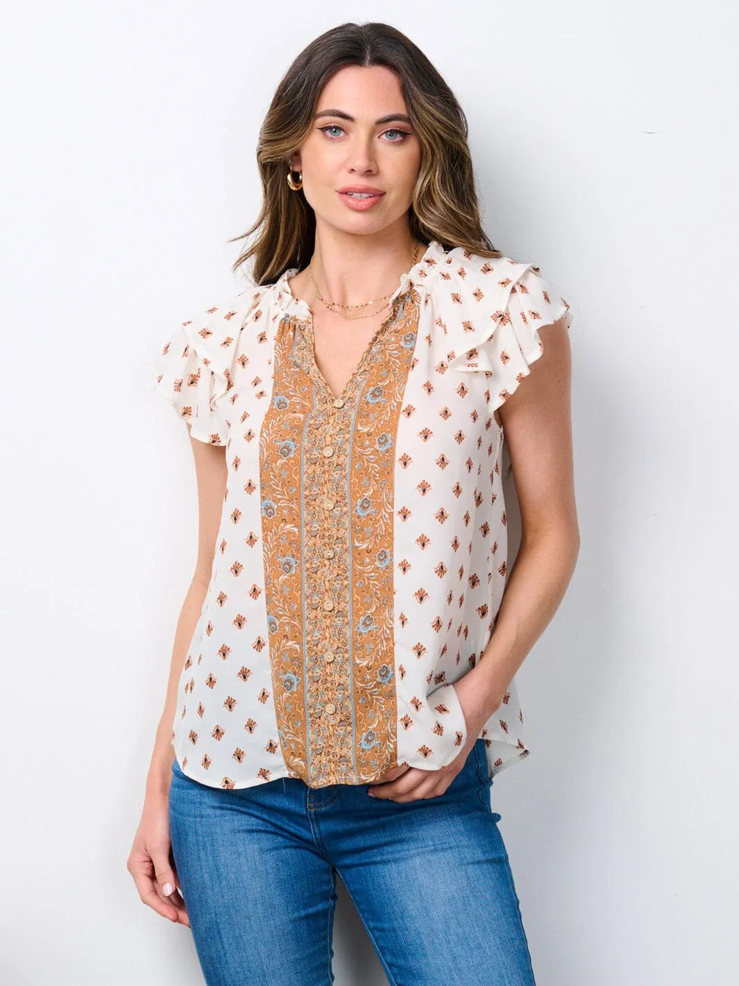 WOMEN'S SHORT SLEEVE V-NECK MULTI PRINT BLOUSE TOP