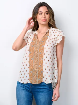 WOMEN'S SHORT SLEEVE V-NECK MULTI PRINT BLOUSE TOP