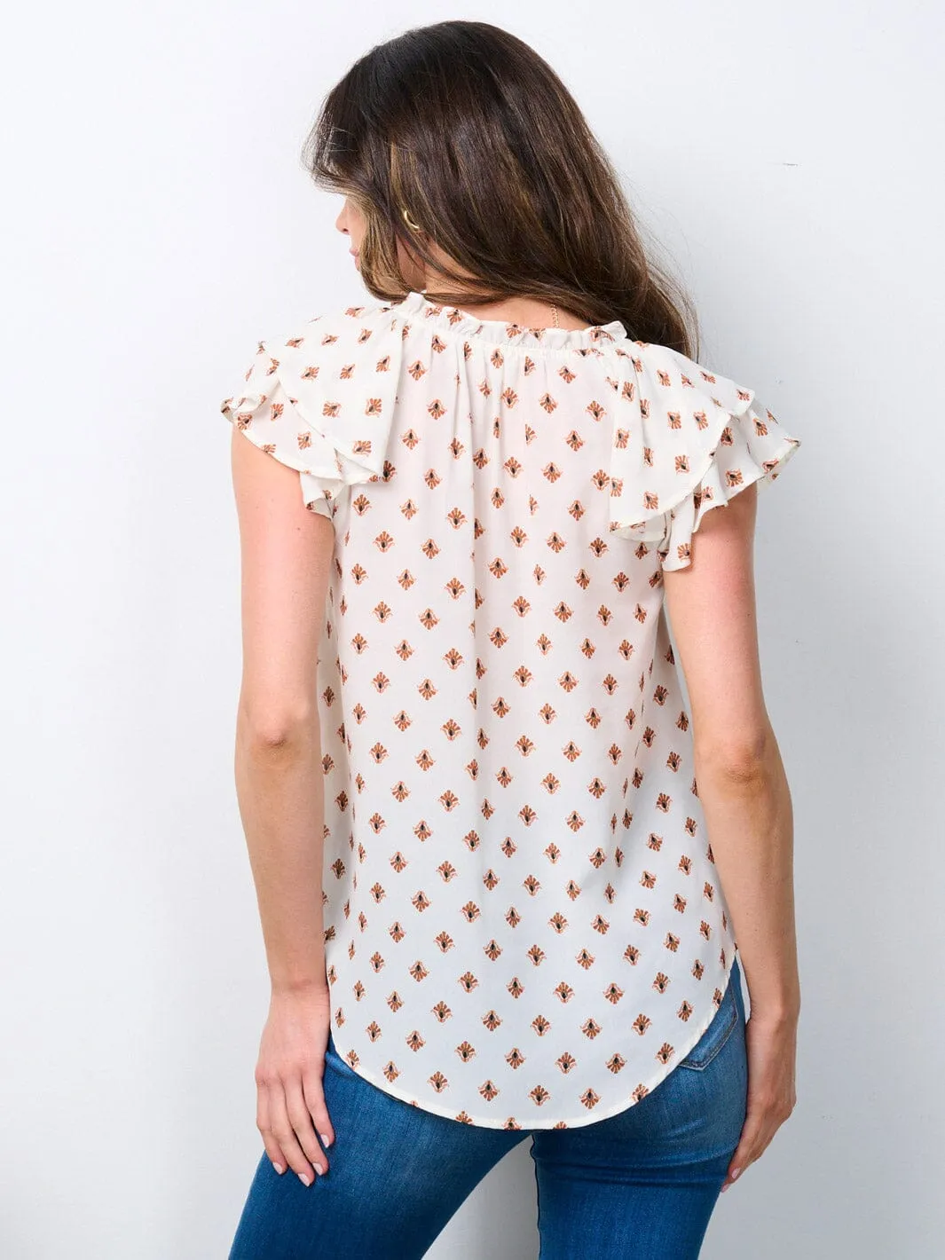 WOMEN'S SHORT SLEEVE V-NECK MULTI PRINT BLOUSE TOP