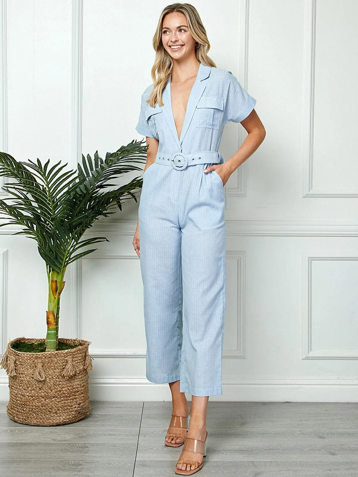 WOMEN'S SHORT SLEEVE V-NECK STRIPES POCKETS BELTED JUMPSUIT